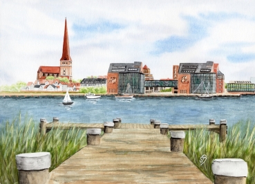 Postkarte DIN-A5 Aquarell Maritim Kunst Druck Kunstdruck Ostsee Rostock vom Flußufer Warnow RO1